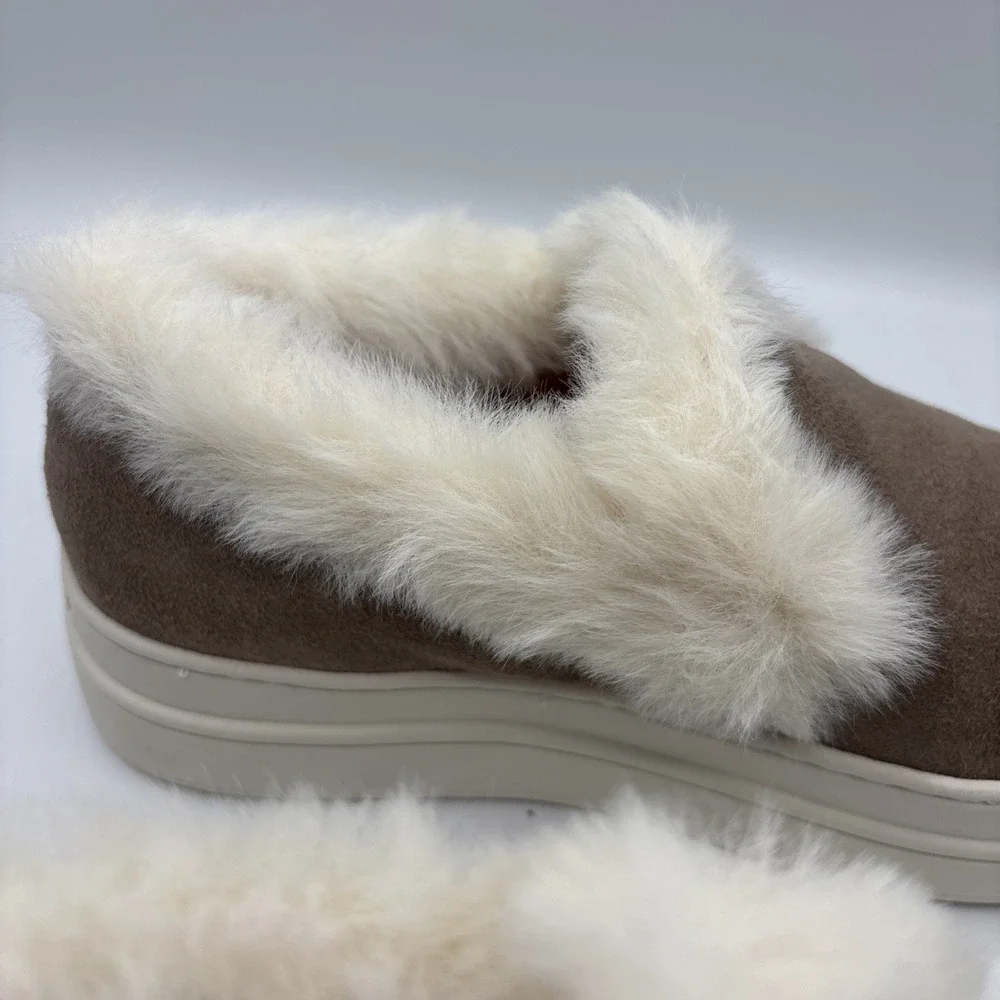 J Slides NYC Taupe Suede Neel Fur Trim Slip On Sneaker‎ Size 6M